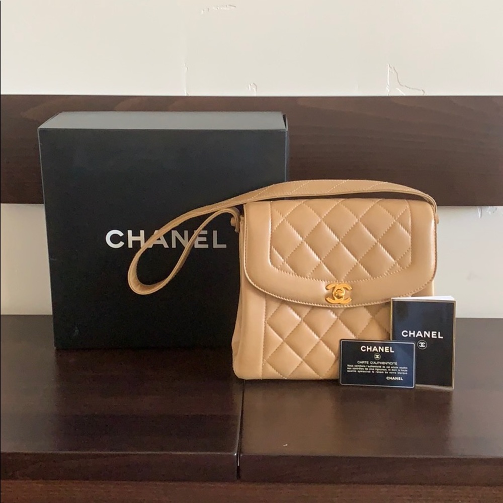 Authentic CHANEL beige quilted shoulder bag